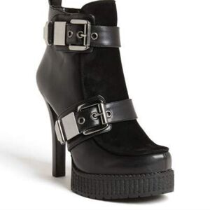 New BCBG Black Heeled Ankle Boots with Buckle Detail